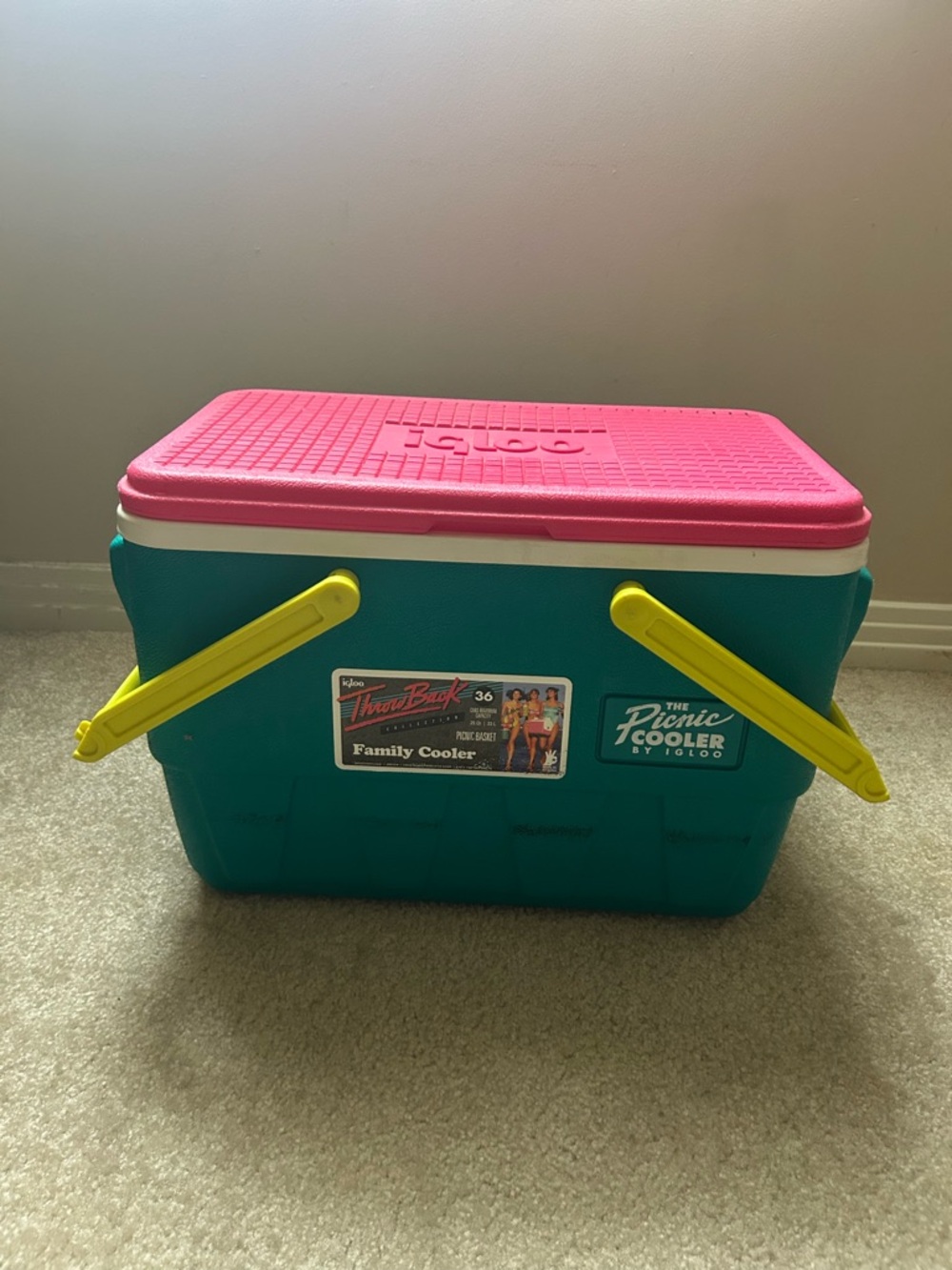 Igloo Retro Throwback The Picnic Cooler Teal with Pink Lid and Yellow Handles